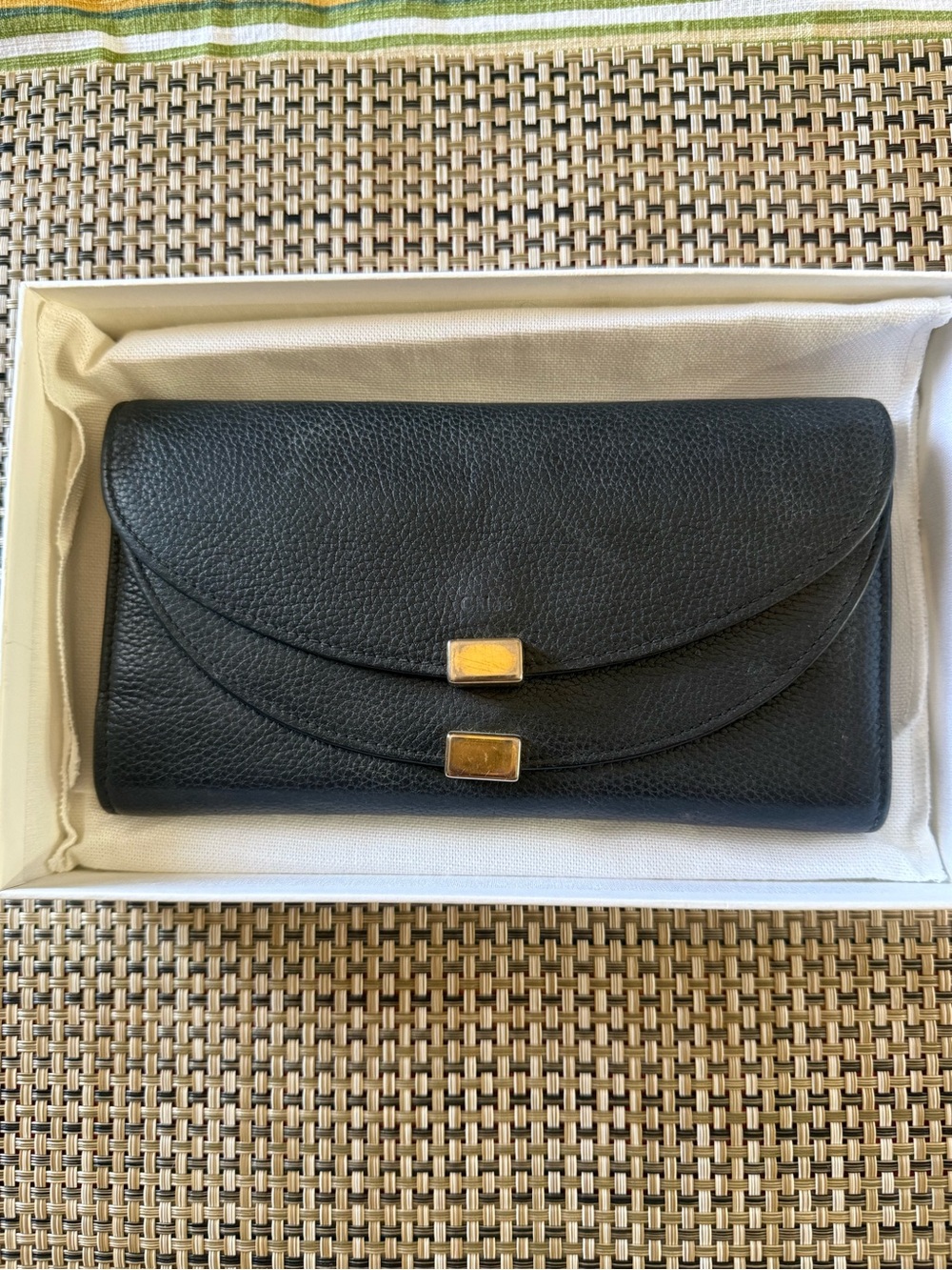 Chloe Double Flap Long Black Leather Wallet Clutch with Gold Hardware